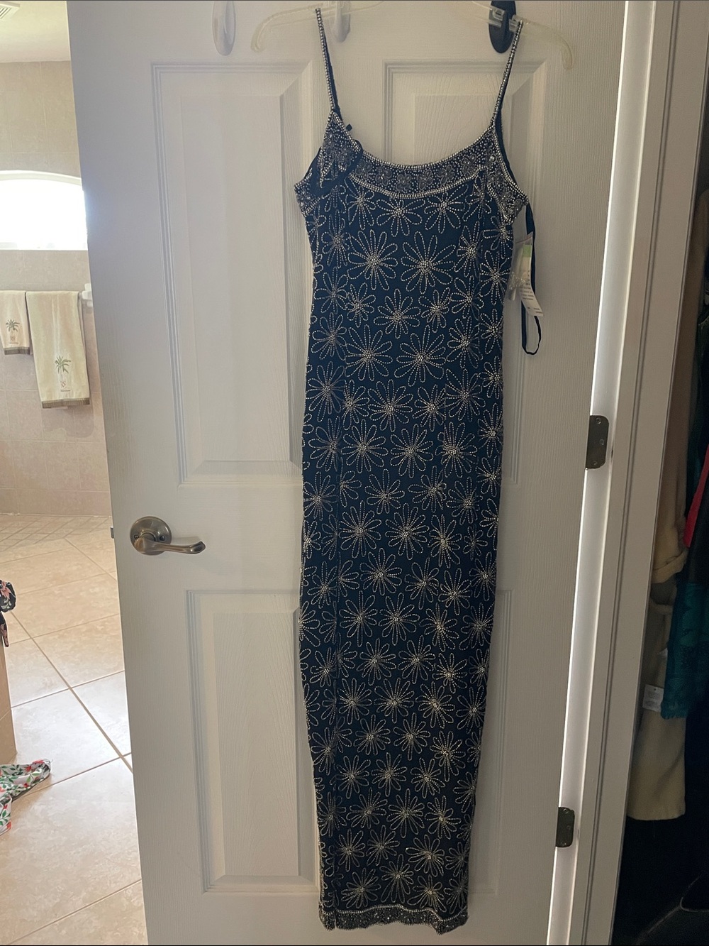 Papell Boutique Black Maxi Slip Dress with White Floral Beading